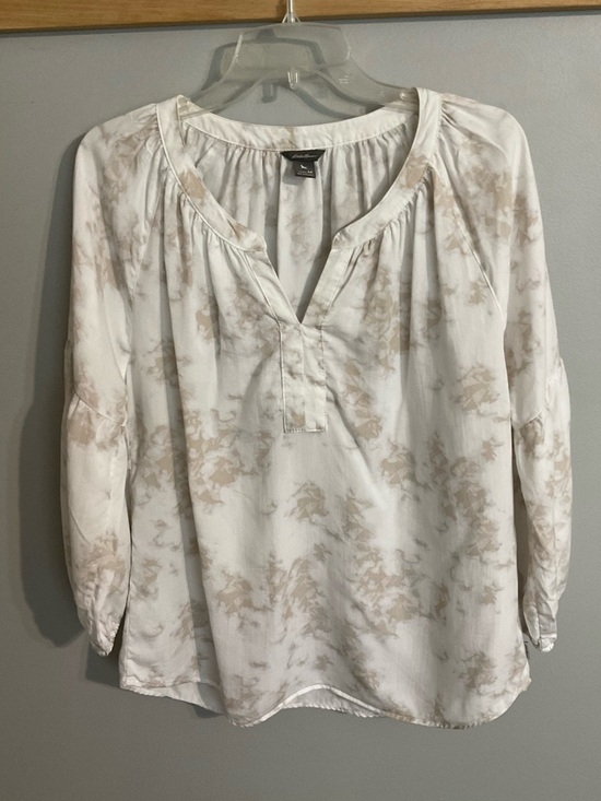 Eddie Bauer Tops - Eddie Bauer White & Beige Smoky/Cloud Print V-Neck Peasant Top Medium